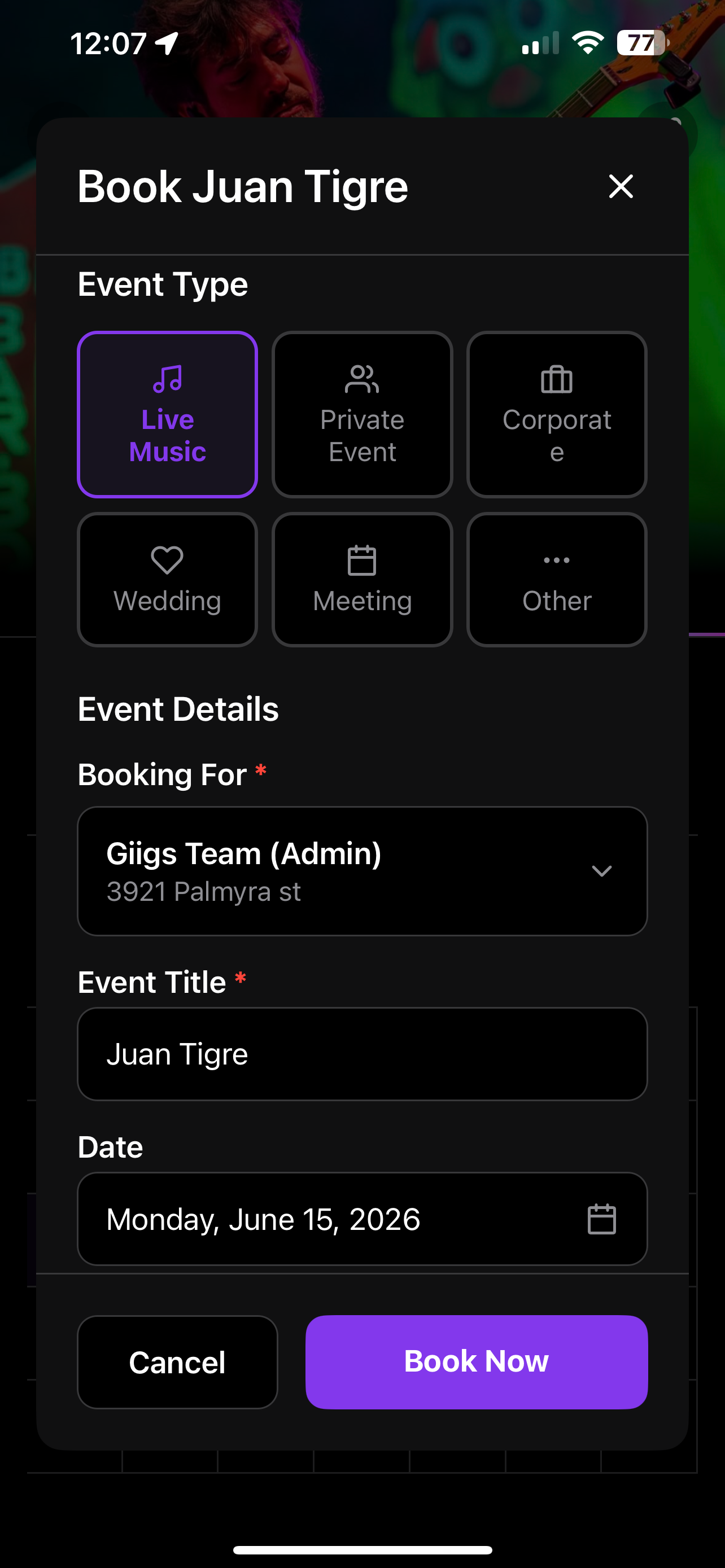Giigs booking sheet to book a musician for an event