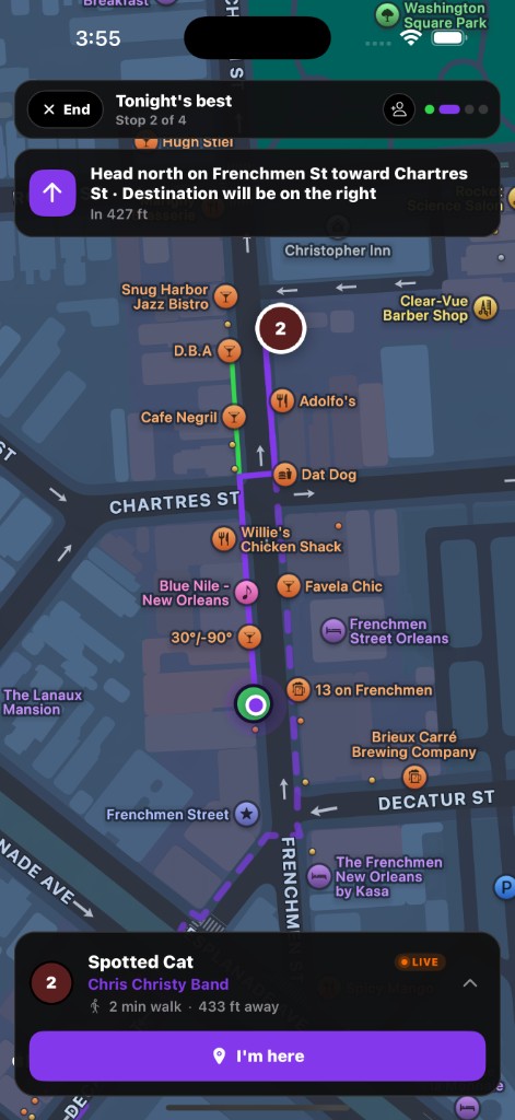 Giigs bar crawl route with stops, walk times and turn-by-turn directions