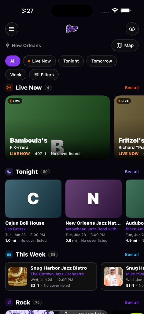 Giigs discovery feed with Live Now, Tonight, This Week and genre rails