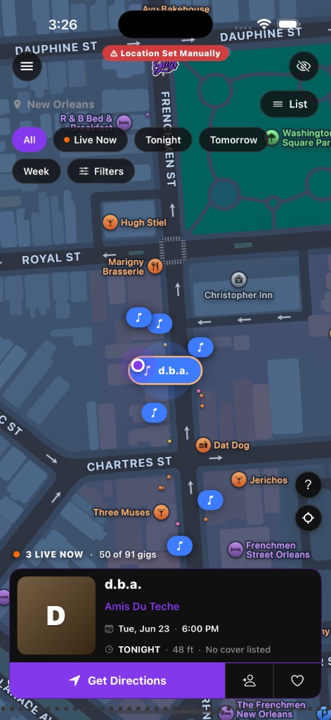 Giigs live map of shows across the French Quarter