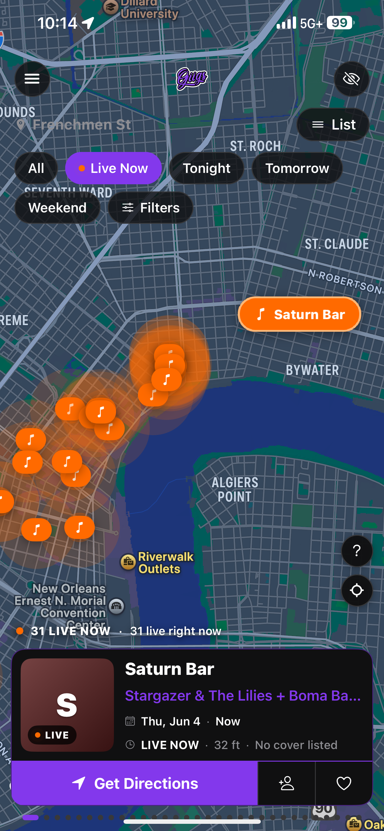 Giigs live map showing shows happening live right now