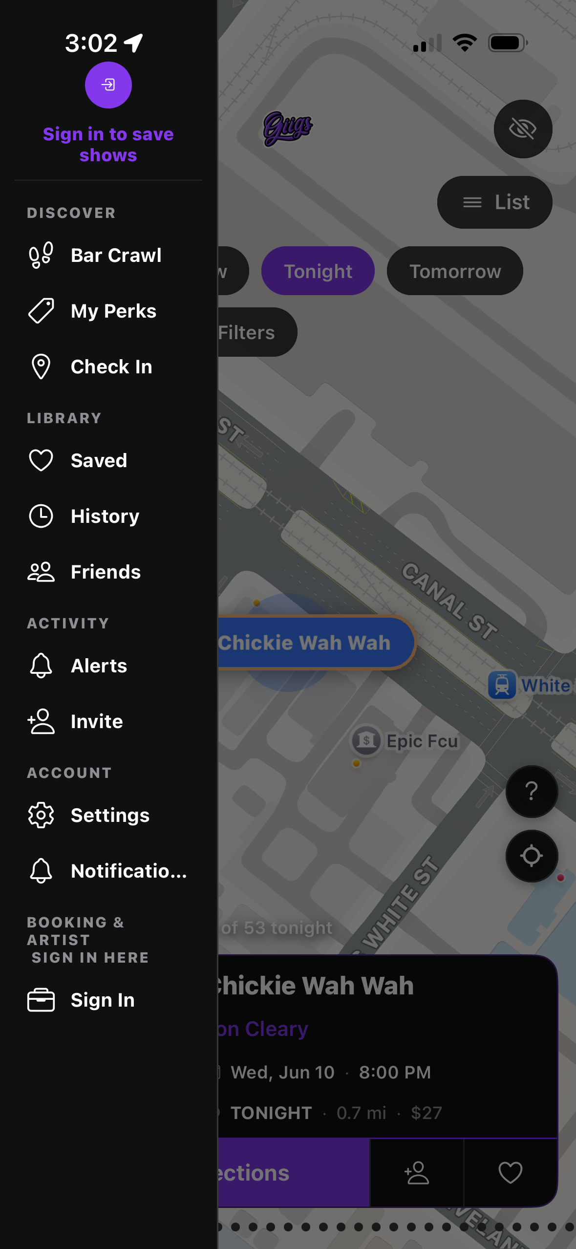 Giigs discover menu with bar crawl, perks, check in and saved shows